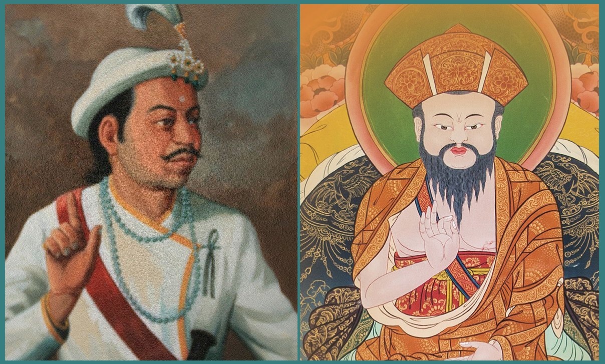 गोरखाका राजा राम शाह (बायाँ) र भुटानका धर्मराजा ङवाङ नमग्यालको चित्र।
